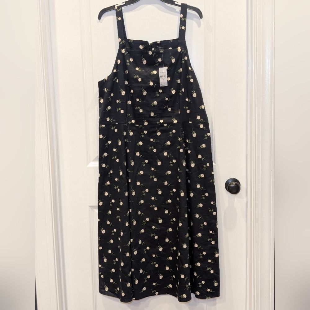 Ann Taylor Factory Black Floral Midi Dress Cotton Size 16 Poetcore Modern Craft - Picture 2 of 10